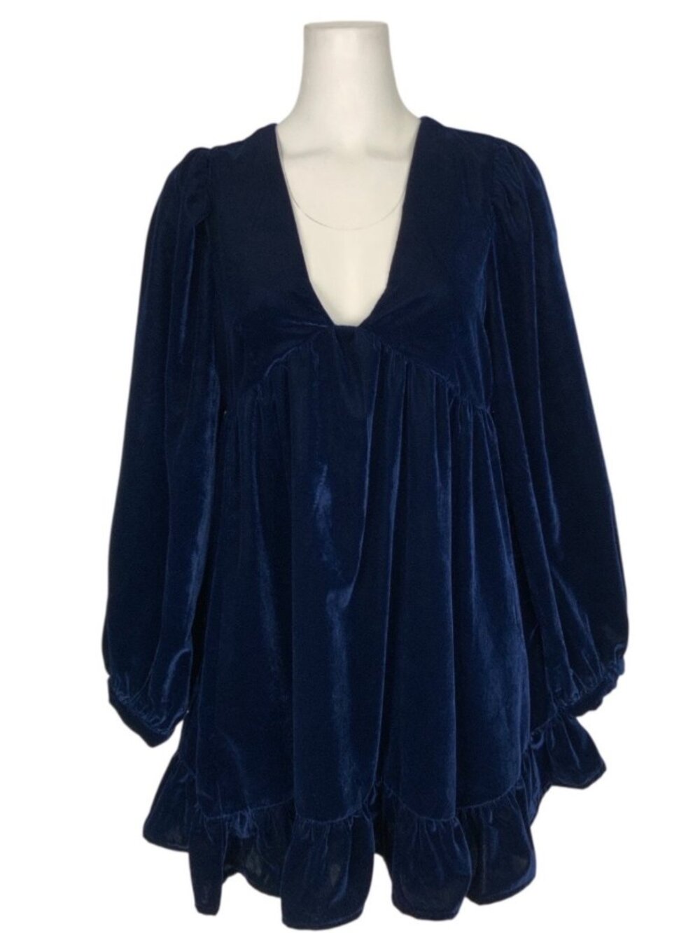 Free People Estella Velvet Mini Dress S Blue Babydoll Long Sleeve - Picture 7 of 16